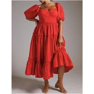 Anthropologie ATSU Poplin Off Shoulder Dress Womens 6 Scarlet Puff Tiered Boho